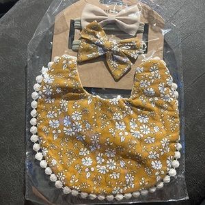 Boutique boho baby girl bib and 2 bow headband baby shower set yellow and white